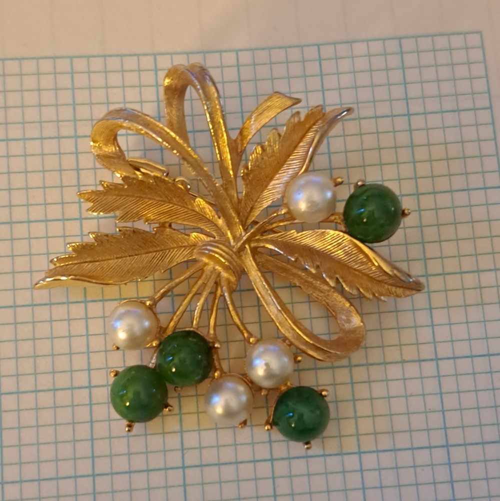 Gold Leaf Brooch with Green Stones and Pearls